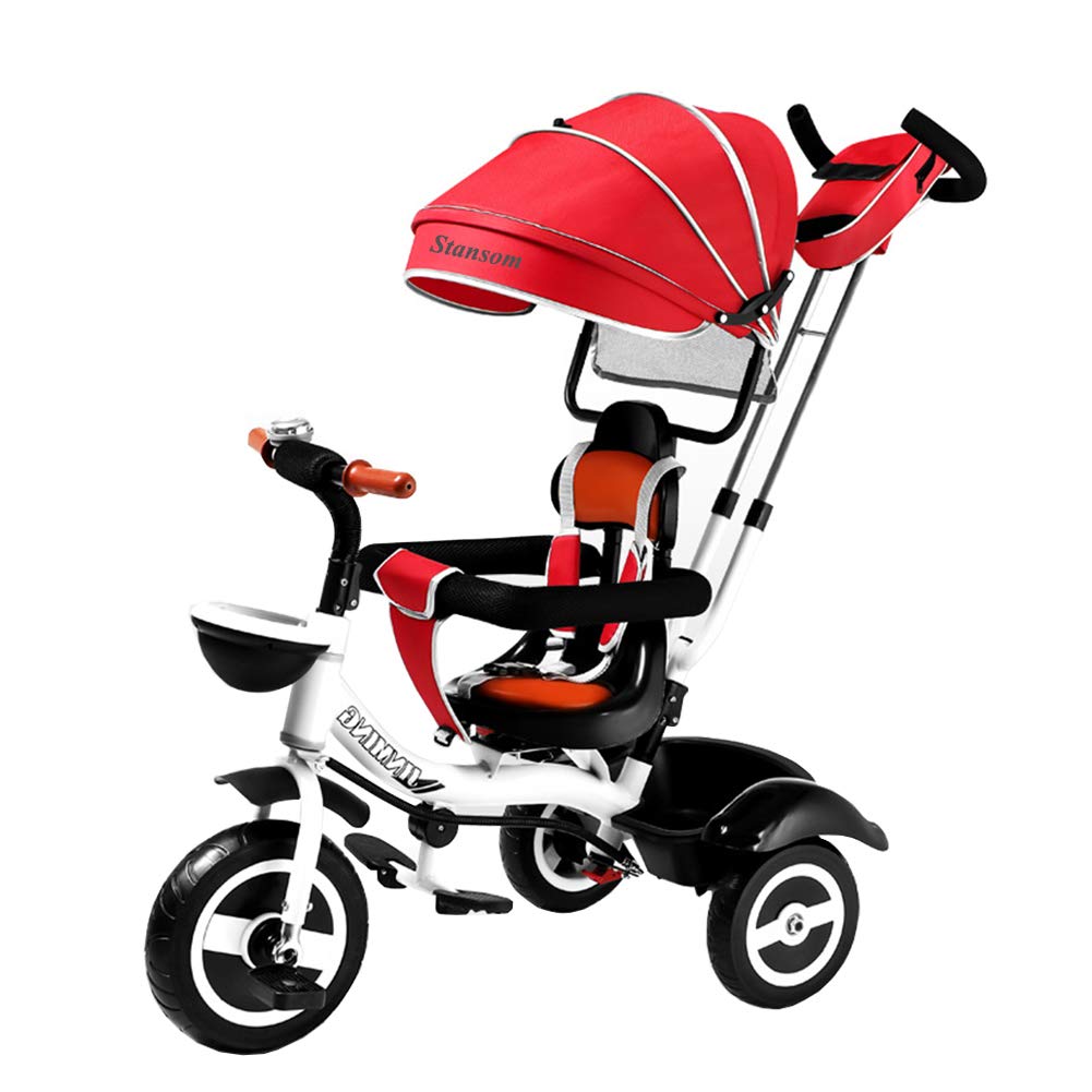 Stansom Kids Tricycle, 4-in-1 Unisex Steer Trike Stroller, Learning Prams Stroll Bike w/Detachable Guardrail, Adjustable Push Handle/Canopy/Storage Bag/Brake, Suitable for 8 Months to 7 Years (Red)