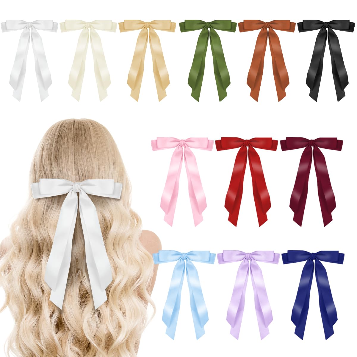 BOJVESH 12Pcs Silky Satin Hair Bows Clips, Slide Metal Clips with Long Tail, Solid Color French Barrette