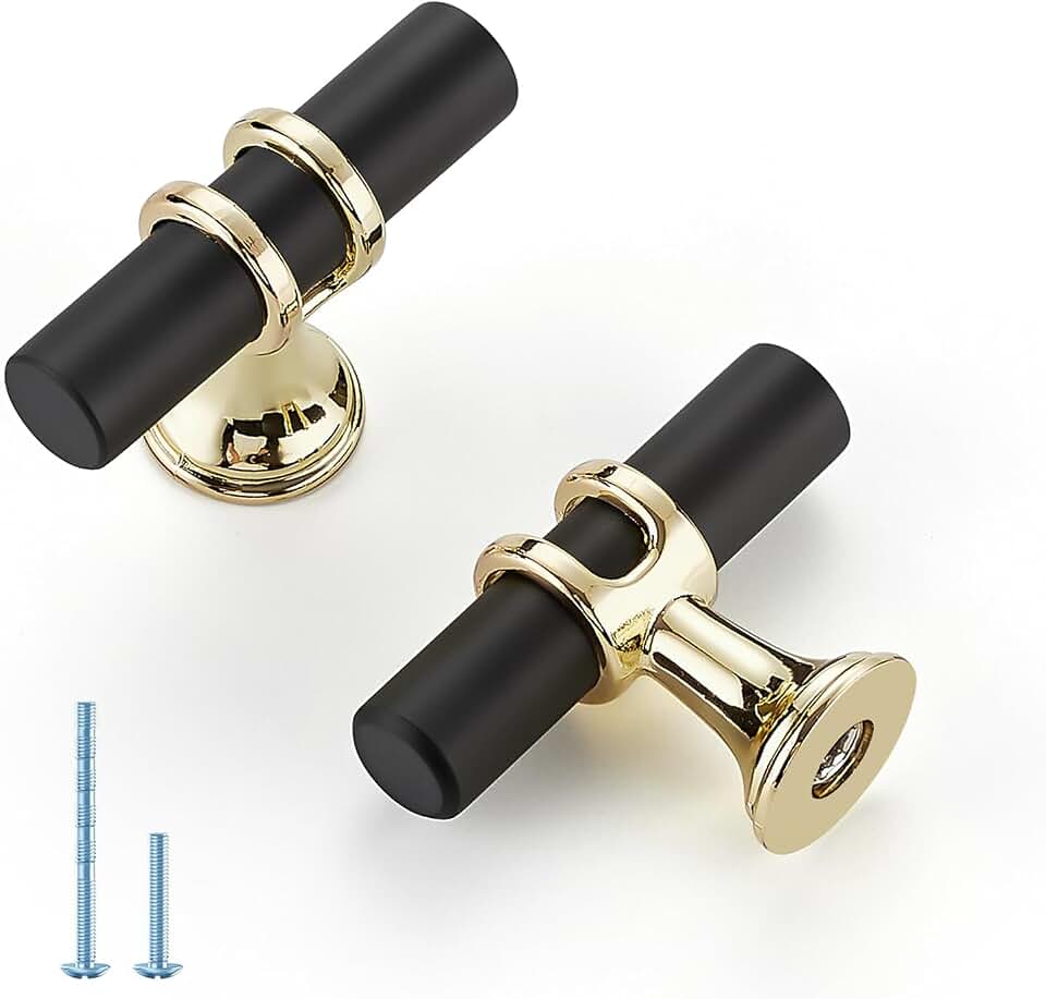 HOME EDIT Matte Black and Brushed Brass Cabinet Knobs Handles, Single Hole Modern T-Bar Drawer Pulls, Decorative Hardware for Cabinets, Dressers, and Drawers, 10 Pack