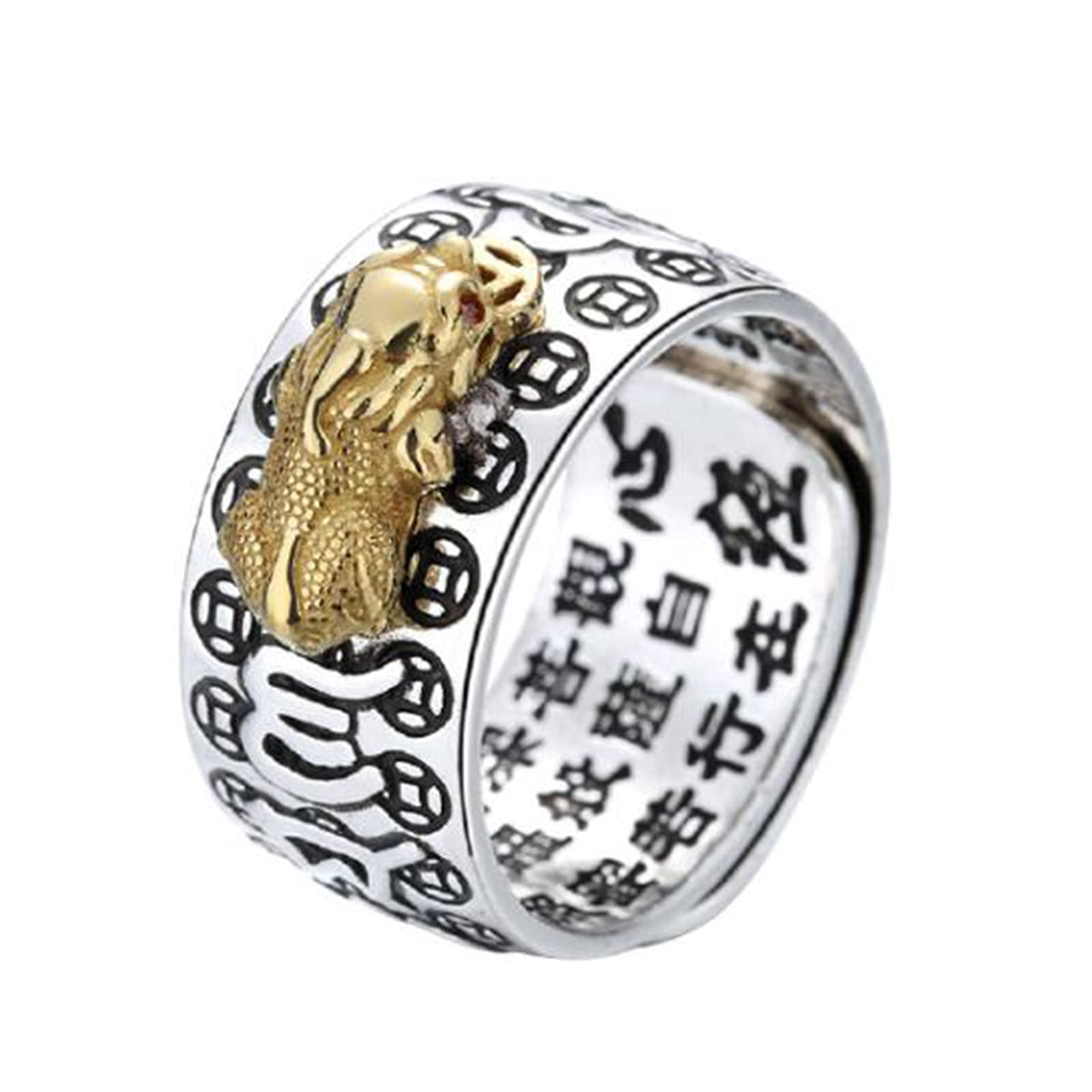 Juanxian Feng Shui Amulet New Vintage Pixiu Pi Yao Silver Ring Protection Wealth Lucky Adjustable Buddhist Mani Mantra Protection Wealth Lucky Tibetan Talisman W4710-Golden Pixiu