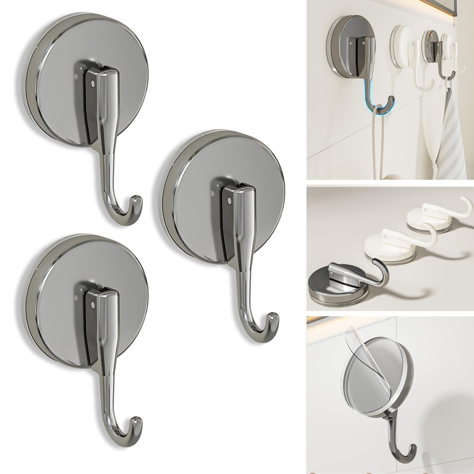 Boxonly Suction Cup Hooks for Shower, Single Hook for Hanging in Shower, Mounting on Glass, Tile, Mirrors, or Metal Surfaces - Gun Gray (3 Pack)