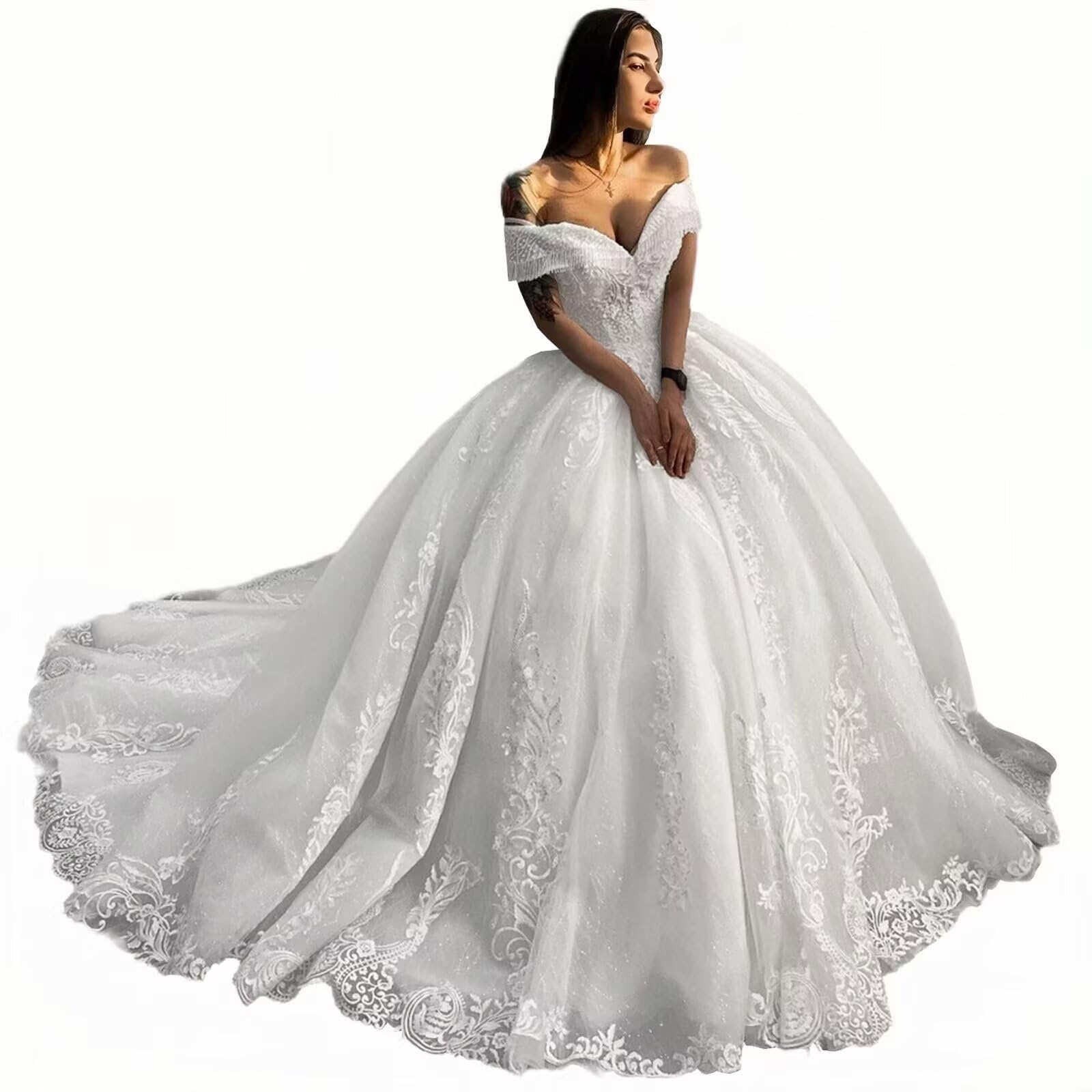Zhangyo Off Shoulder Wedding Dresses with Train Puffy Lace Appliques Wedding Gown for Bride Princess Tulle Bridal Dress