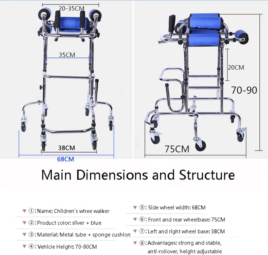 Andador para niños con parálisis cerebral con ruedas de altura ajustable, adecuado para alturas de 31 a 47, ayuda de rehabilitación para caminar de pie y discapacitados.