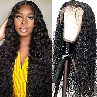 28 inch Curly Deep Wave Lace Front Wigs Human Hair Lace Front Wigs Water Wave Pre Plucked Synthetic Hair Wig Deep Curly Synthetic Wig for Women Natural Black Synthetic Wigs Daily Life
