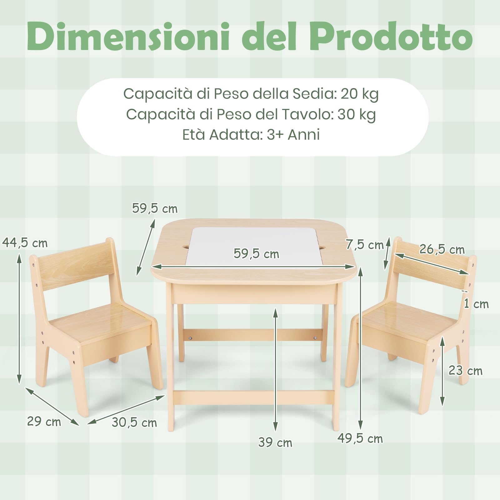 RELAX4LIFE Set Tavolo e 2 Sedie per Bambini, con Lavagna a Doppia Faccia e Spazio per Giocattoli, Tavolino Multiattività in Legno con 2 Sedie per Bambini da 3-6 Anni, per Cameretta (Naturale)