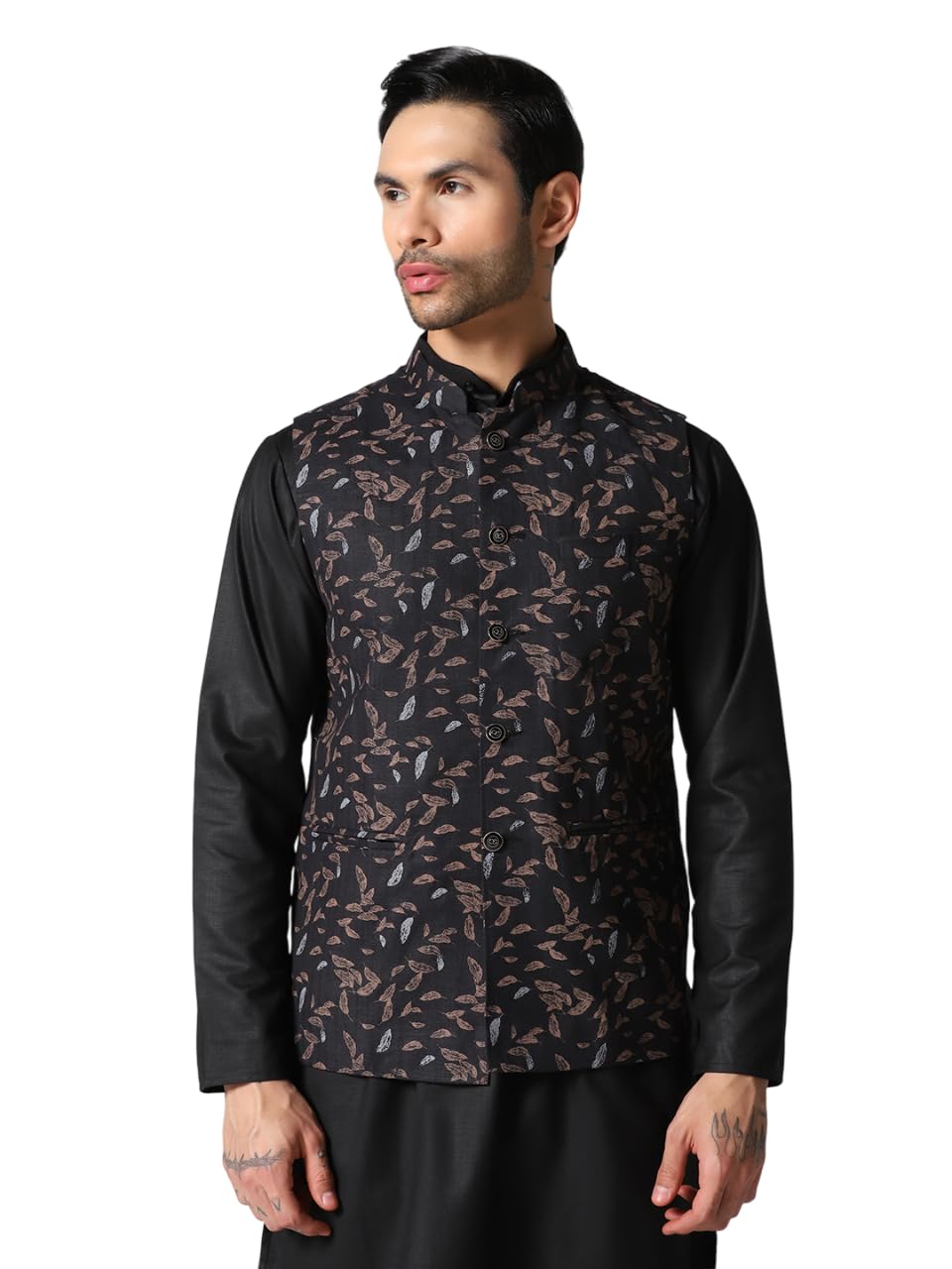 tahvo Men's Black Nehru Waistcoat with Leaf Print Pattern, Button Front Closure-picture-16