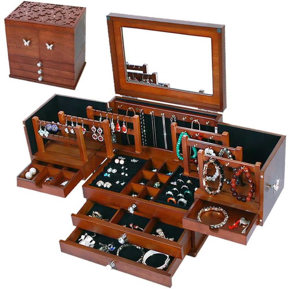 Hlixzoy Solid Wood Jewelry Storage Box with Mirror – Includes Unique Earring Display Stand, Perfect for Storing Rings, Necklaces & Earrings