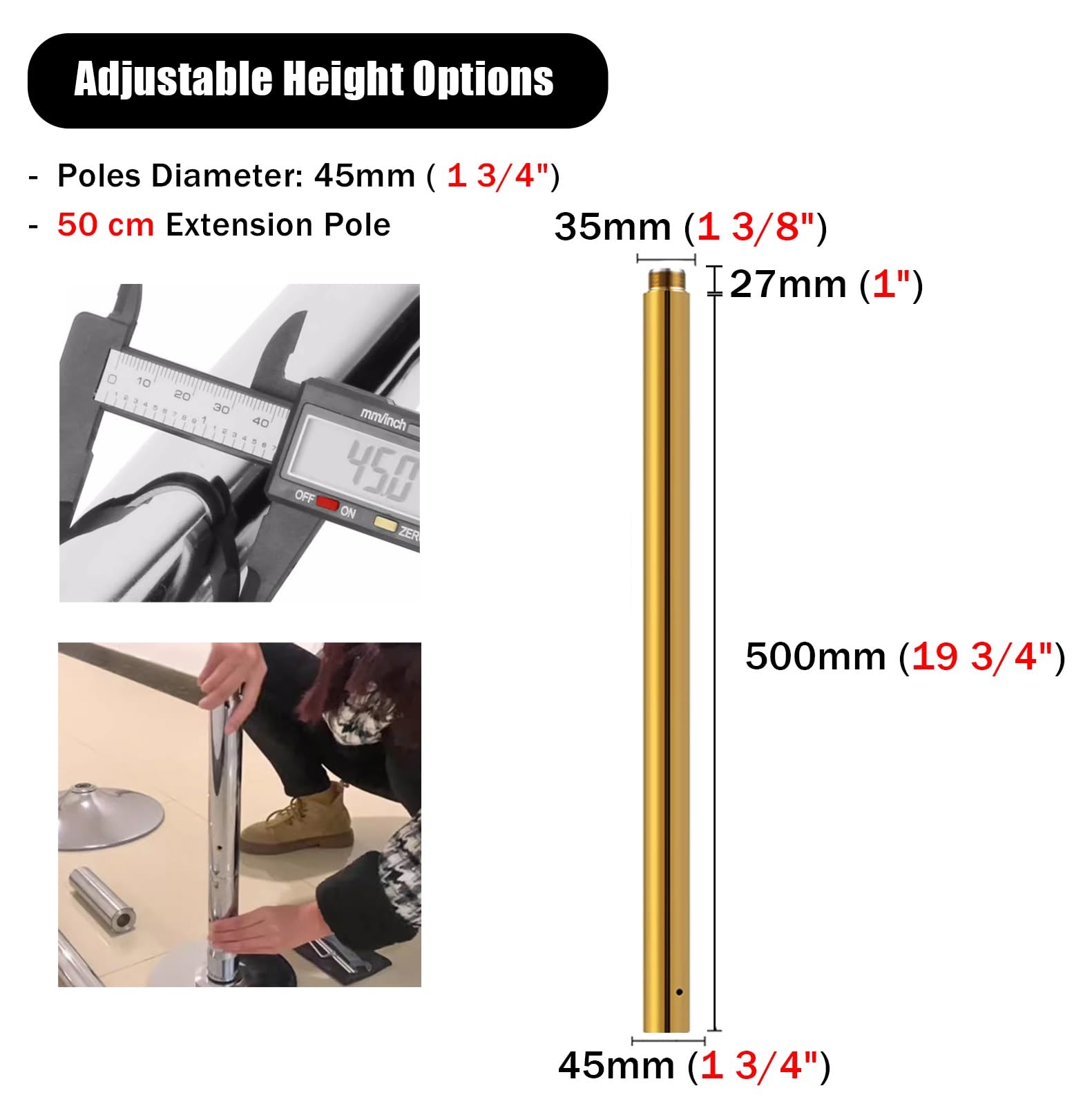 Barra Pole Dance Extensión del Polo de Baile 45 Mm Kit de Postes de Fitness 125/250/500 Mm para Conectar el Poste de Baile Tubo de Techos Ajustables de Altura 5 Colores