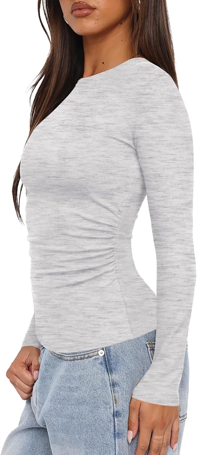 Darong Women's Long Sleeve Crew Neck Shirts Fall Basic Casual Ruched Side Slim Fit T Shirts Tee Tops - Image 3