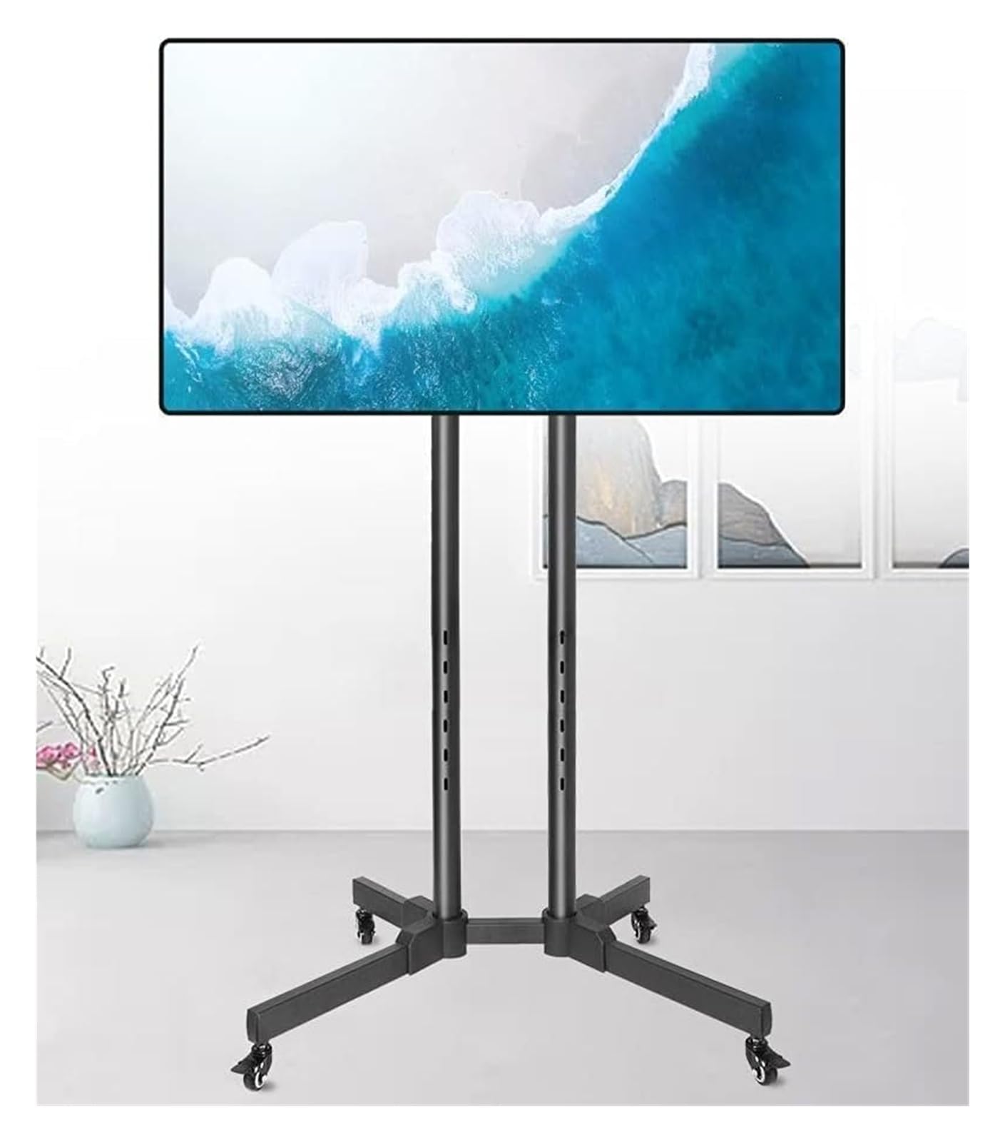 Wózek pod telewizor na kółkach z regulacją wysokościPrzenośny stojak pod telewizor na kółkach do salonu i sypialniWytrzymały stojak pod telewizor ze schowkiem na telewizory 32-65-calowe Łatwy montaż