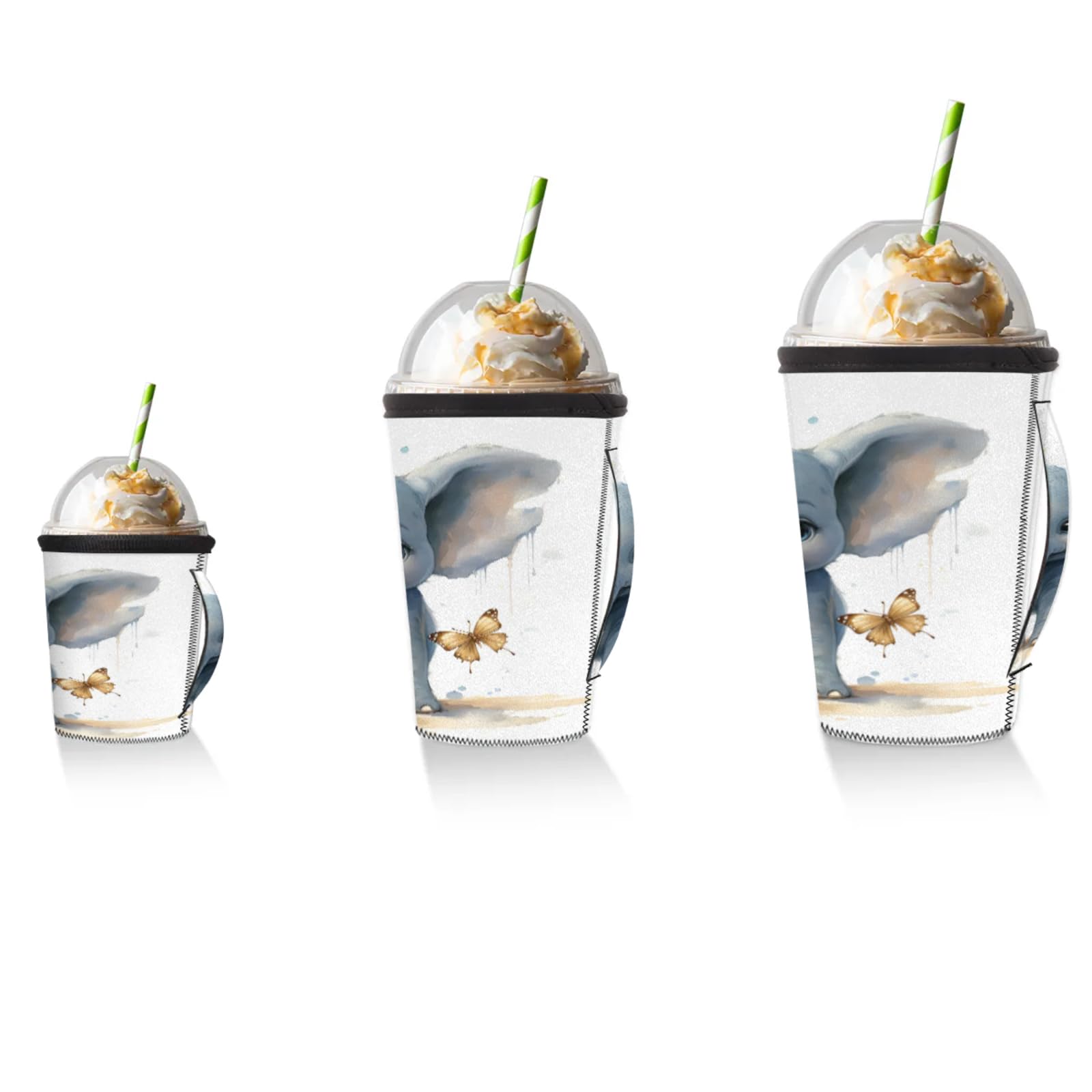 Elephant Butterfly Reusable Neoprene Coffee Sleeve with Handle Insulated Iced Coffee Cup Holder Reduces Condensation Fits 24-28 oz Cups M