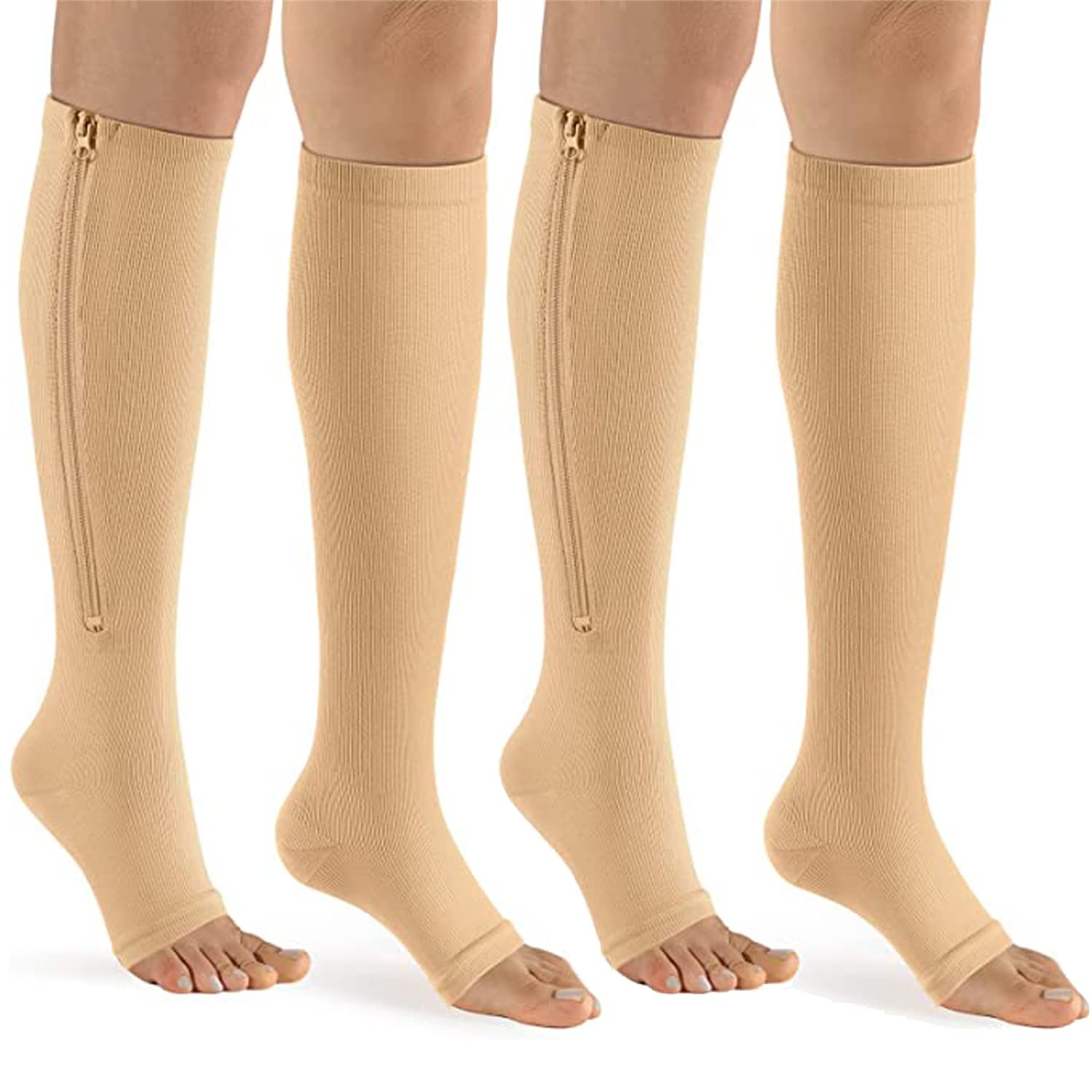 2 Pairs Compression Socks,Open Toe Compression Stockings, Knee High Socks with Zipper,Compression Pantyhose 15-20mmHg for Improves Blood Circulation, Prevents Leg Swelling
