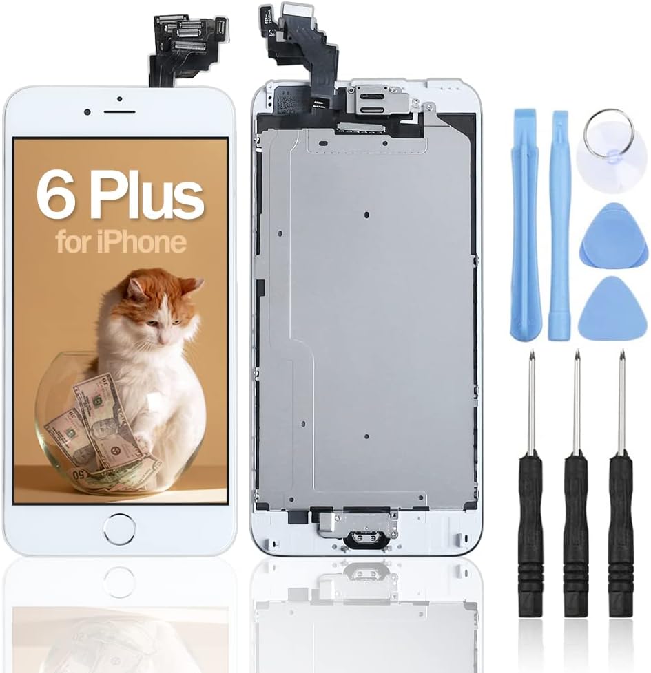 Ayake for iPhone 6 Plus Digitizer Screen Replacement White 5.5'' Full LCD Display Assembly with Home Button, Front Facing Camera, Earpiece Speaker Pre Assembled and Repair Tool Kits : Cell Phones & Accessories