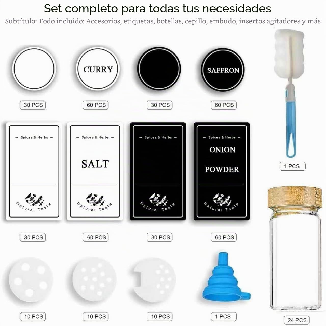 Danillous Juego de 24 tarros de especias cilíndricos con tapa de bambú, frascos de especias con inserto de dispersión, etiquetas preimpresas, elegantes pegatinas blancas y negras (180 nombres de