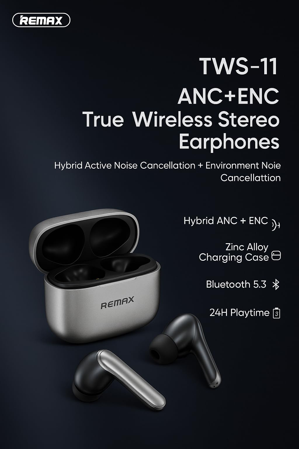 REMAX TWS-11 True Wireless Earphones, Bluetooth 5.3, ANC+ENC Noise Cancelling, Zinc Alloy Charging Case, 24H Playtime, HiFi Sound : Amazon.co.za: Electronics