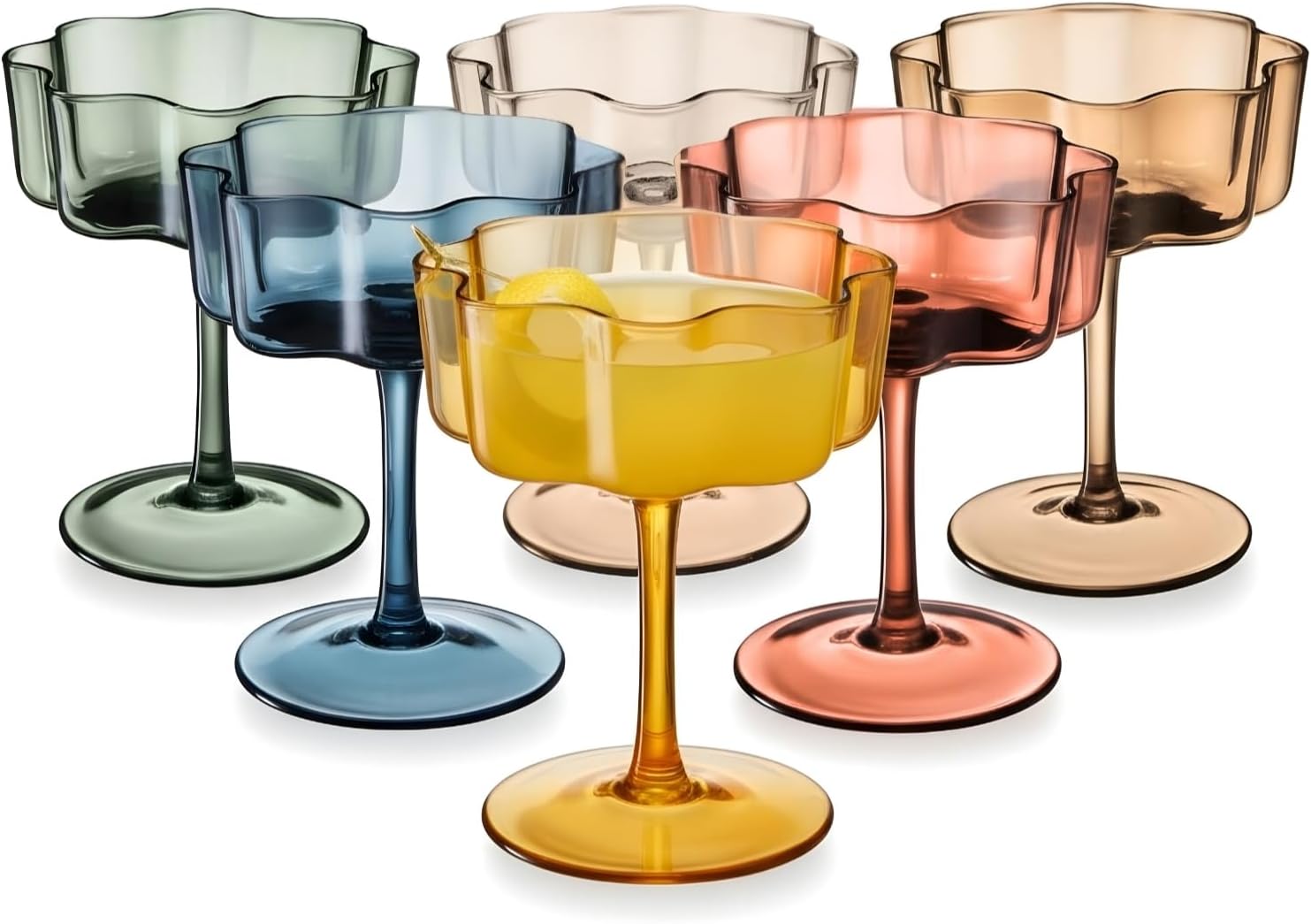 Khen Shatterproof Acrylic Flower Wavy Vintage Art Deco Martini, Champagne & Cocktail Muted Pastel Color Plastic Tritan Coupe Glasses | 6 Set | 8.5oz Glassware Classic Cocktail Indoor & Outdoor Set