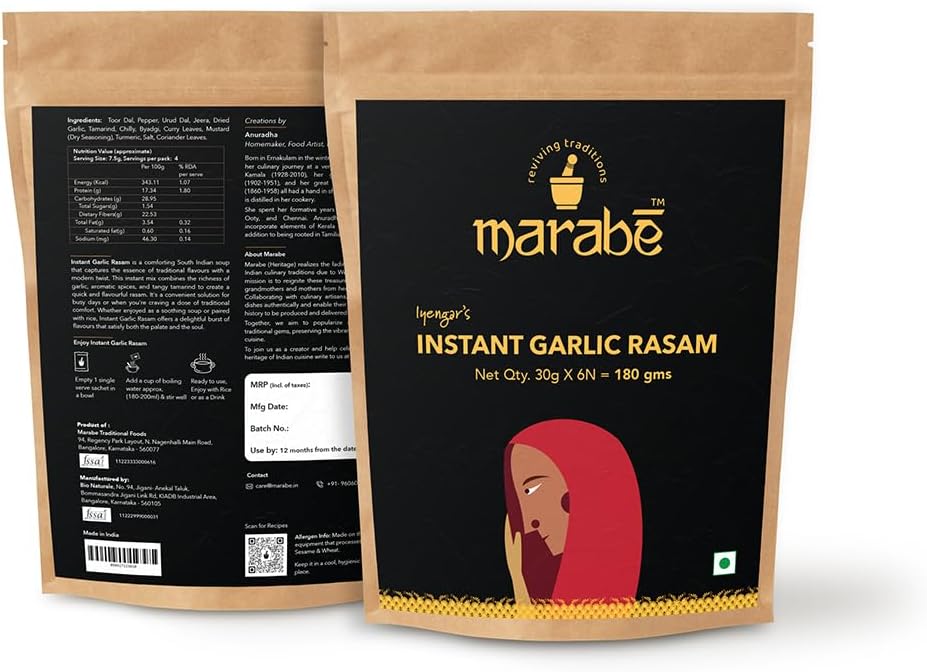 Marabe's Instant Garlic Soup (Garlic Rasam) | Flavorful | Pure Goodness in Every Sachet | No Artificial Additives | 6 Pack x 30g | Immunity Booster |