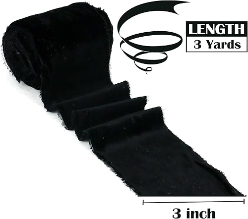 Miniatura 2 de MEEDEE Cinta de terciopelo negro de 3 pulgadas, cinta de terciopelo negro con flecos, cinta de terciopelo de seda con borde crudo para coronas, ramo