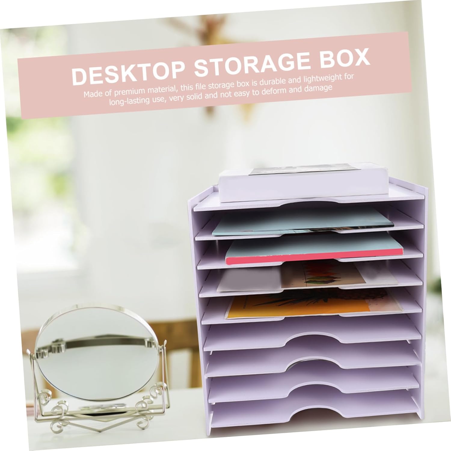 Multi-Layer Desktop File Storage Rack Office Document Organizer for Home Student Sturdy White Storage Box Adjustable Compartments