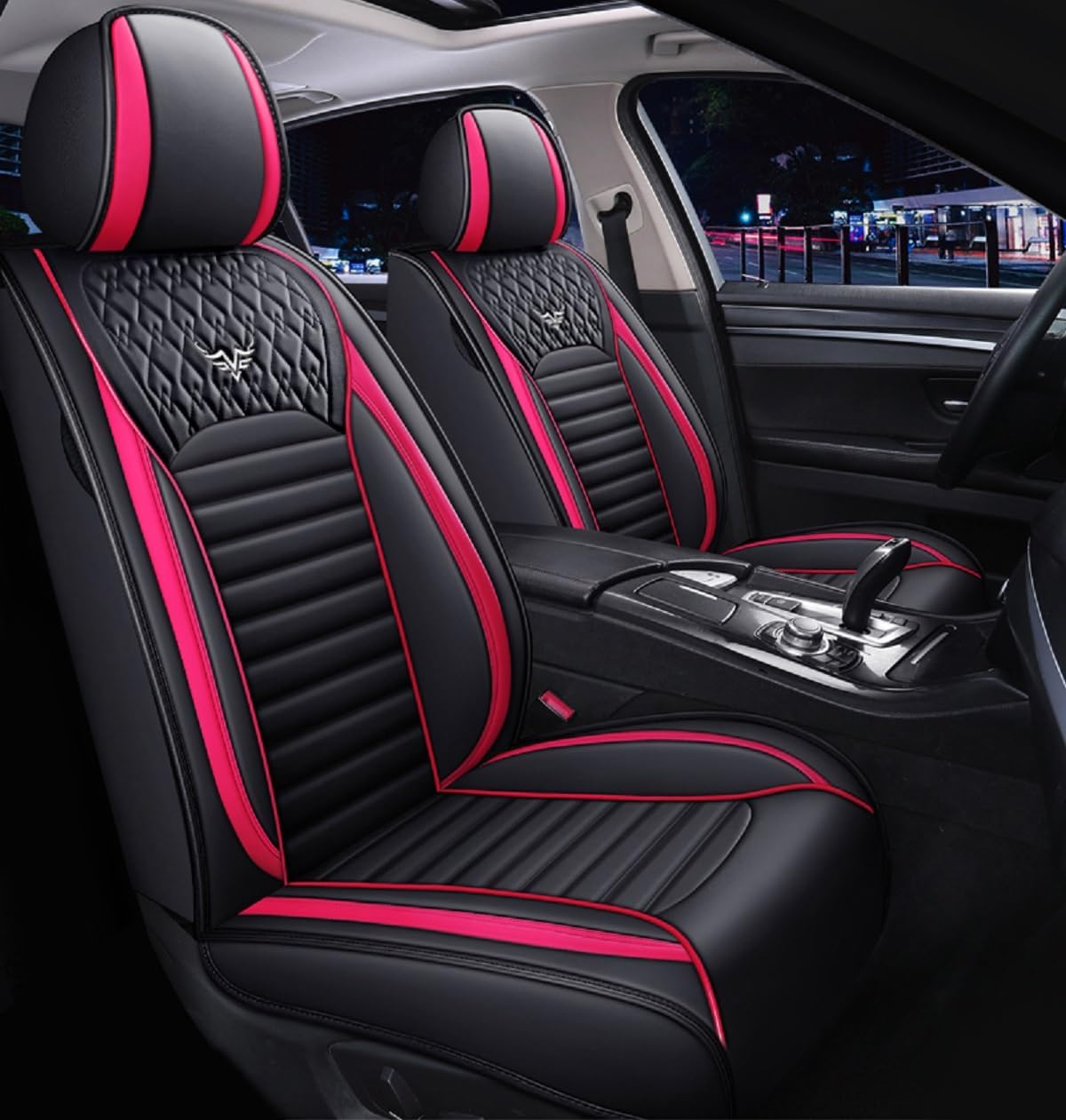 Saienno S02 Leather Car Seat Covers 5 Seats Front & Rear Seat Protector Full Set Universal Fit，Airbag Compatible (Black&Rose)