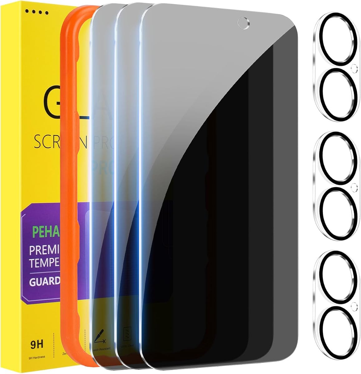 PEHAEL para iPhone 17 Protector de pantalla de privacidad+Protector de lente de cámara | Paquete de 3+3, marco de instalación, kits de limpieza, antiespía privado, antiarañazos, vidrio templado 9H, compatible con estuches, [6,3 pulgadas]