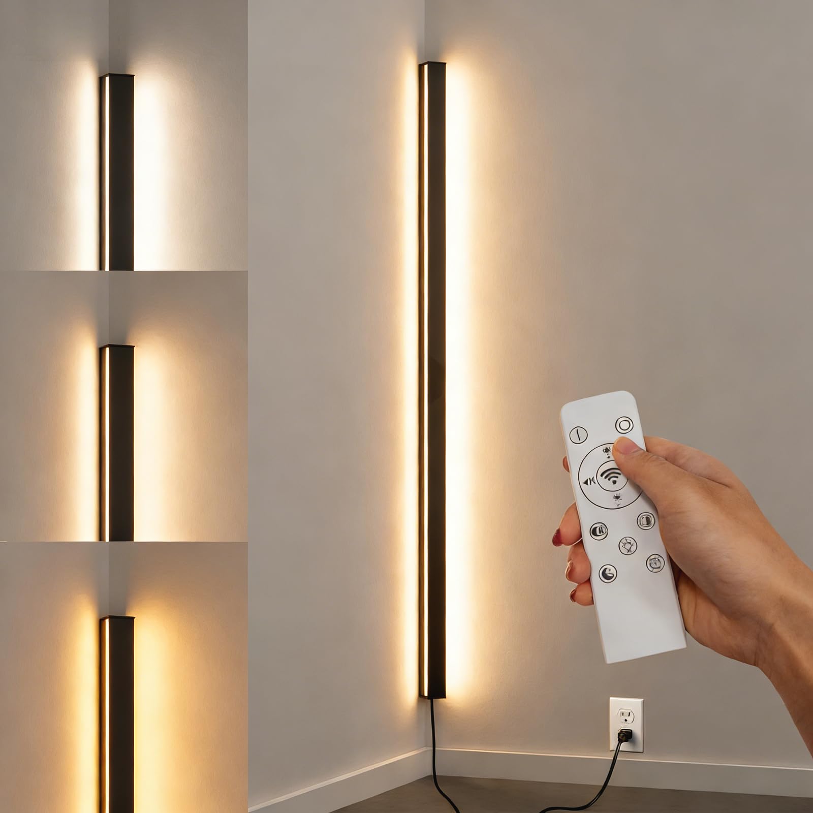 LANMOU Lange Wandleuchte Innen Dimmbar 150cm Schwarz LED Ecklampe 4000 LM | Wandlampe mit Fernbedienung ＆ Stecker, Modern Aluminiumgehäuse, 3000-6000K Lichtfarbe, 50W, Kabelmontage für Wohnzimmer