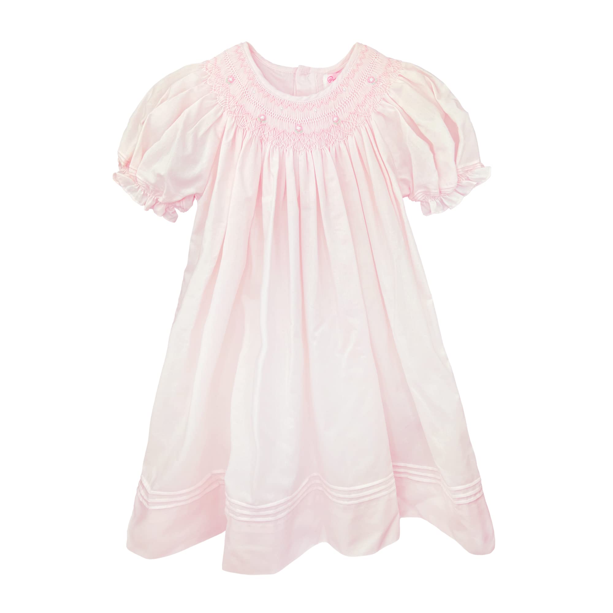 Petit Ami Baby Girls’ Daygown with Heart Smocking and Pearls, 6 Months, Pink