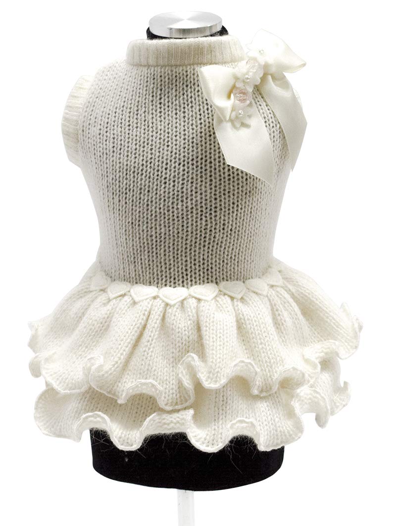 Trilly Tutti Brilli Coline Wool Dress with Decorated Satin Bow Brooch, Small, White