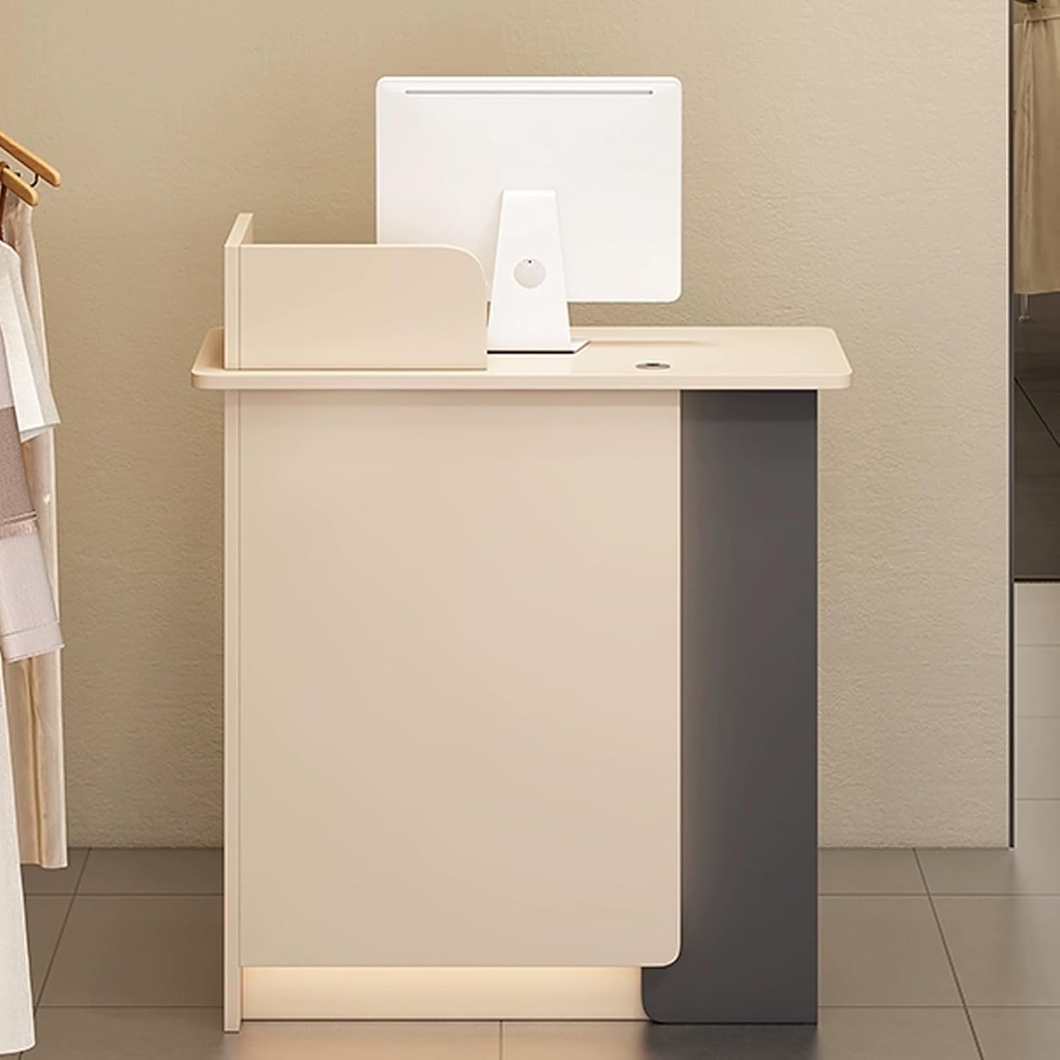 Small Reception Desk, Front Desk Reception with LED Lights, Lockable Drawers Reception Counter Desk, Standing Lobby Retail Checkout Counter Table(White,31.4" x80cm)