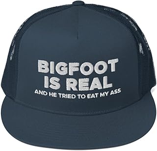 Funny Bigfoot Hat, Bigfoot is Real and He Tried to Eat My Ass (Embroidered Trucker Cap) Navy