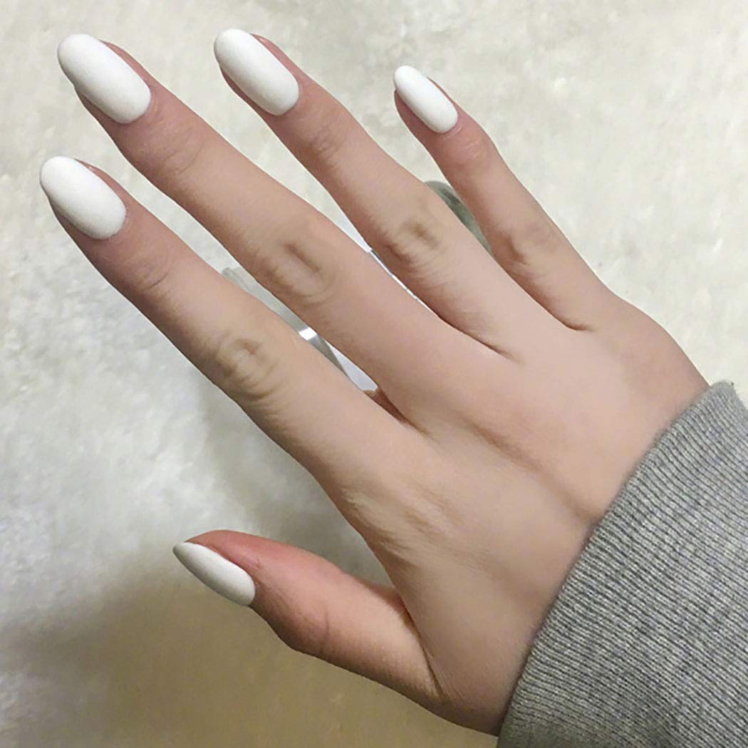Sethexy Matte Oval False Nail Solid Color Long Fake Nails 24Pcs Full Cover Salon Acrylic Art Nail Tips for Women and Girls (White)