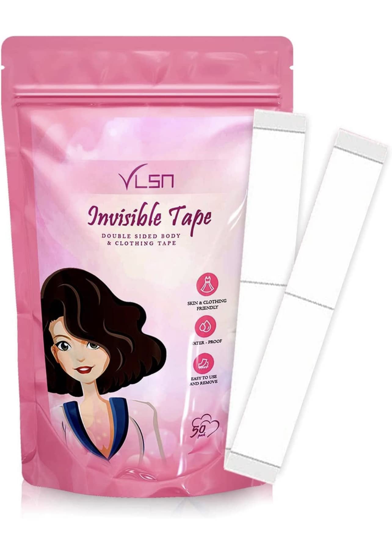 Womens Clear Double Sided Fashion Beauty Tape for Clothing and Body - 50 Strips - Strong Adhesive for All Skin Tones and Fabric by VLSA®