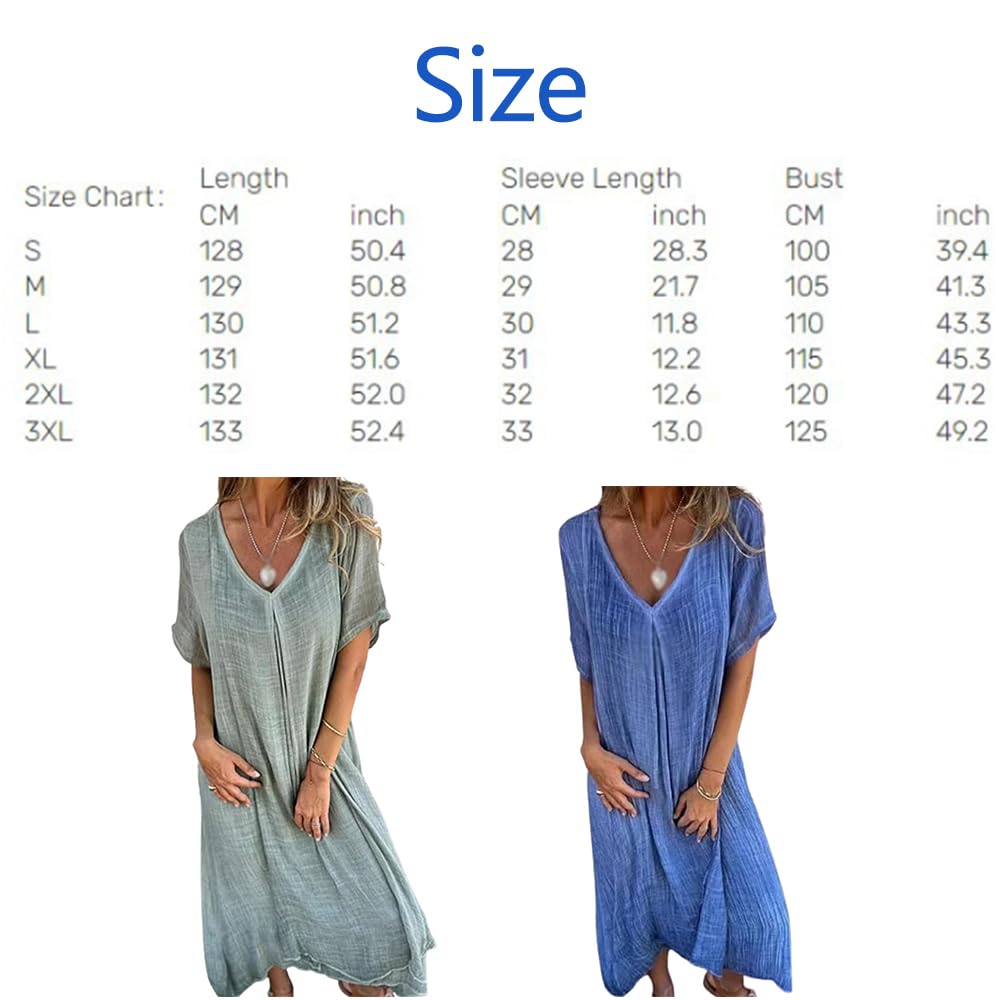 Frontaley Cotton and Linen V-Neck Midi Dress, Solid Casual Dress, Comfortable Holiday Style (Blue,10XL)
