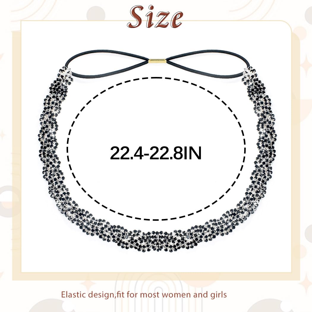 Women's Rhinestone Headbands Sparkly Elestic Hairband Vintage Metal Headbands Sparkly Elegant Party Daily Head Chain (Black, M) - Image 3