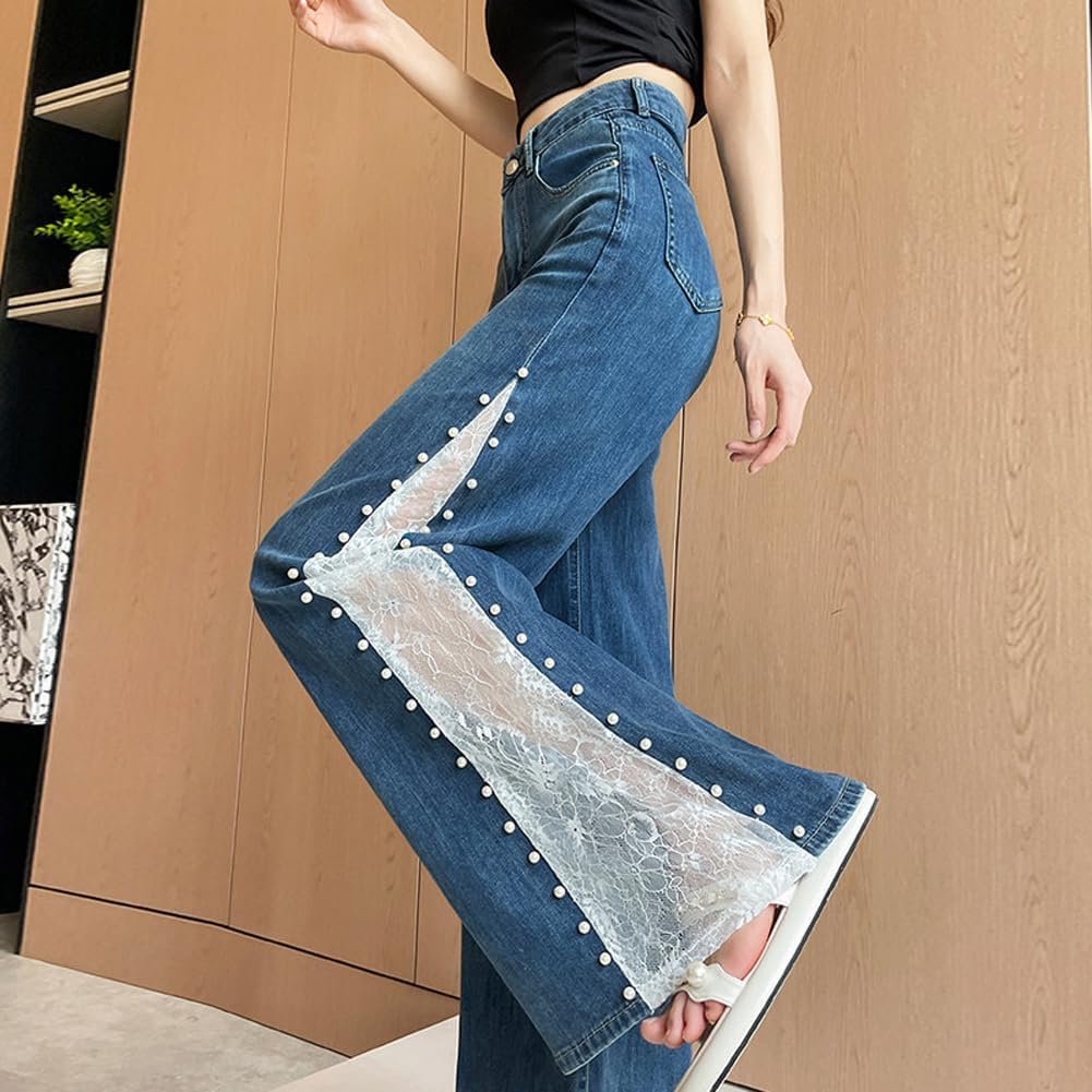 LAFOURAM Petite Jeans for Women 5 Ft Short Wide Leg Lace Patchwork Y2K Trendy Cute Denim Pants