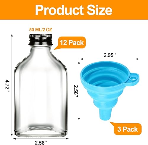 Miniatura 2 de Dukars Botellas pequeñas de vidrio transparente de 2 onzas con tapas y 3 embudos de silicona, botellas de vidrio reutilizables para pociones, jugos,