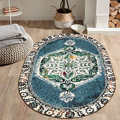 Boho Tribal Area Rug 3'x5', Washable Persian Distressed Throw Carpet Faux Wool Bohemian Oval Round Rug Bedroom Rug Non Slip Green Rug Floor Mat Accent Rugs for Living Room Kitchen Dining Entrance