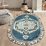 Boho Tribal Area Rug 3'x5', Washable Persian Distressed Throw Carpet Faux Wool Bohemian Oval Round R