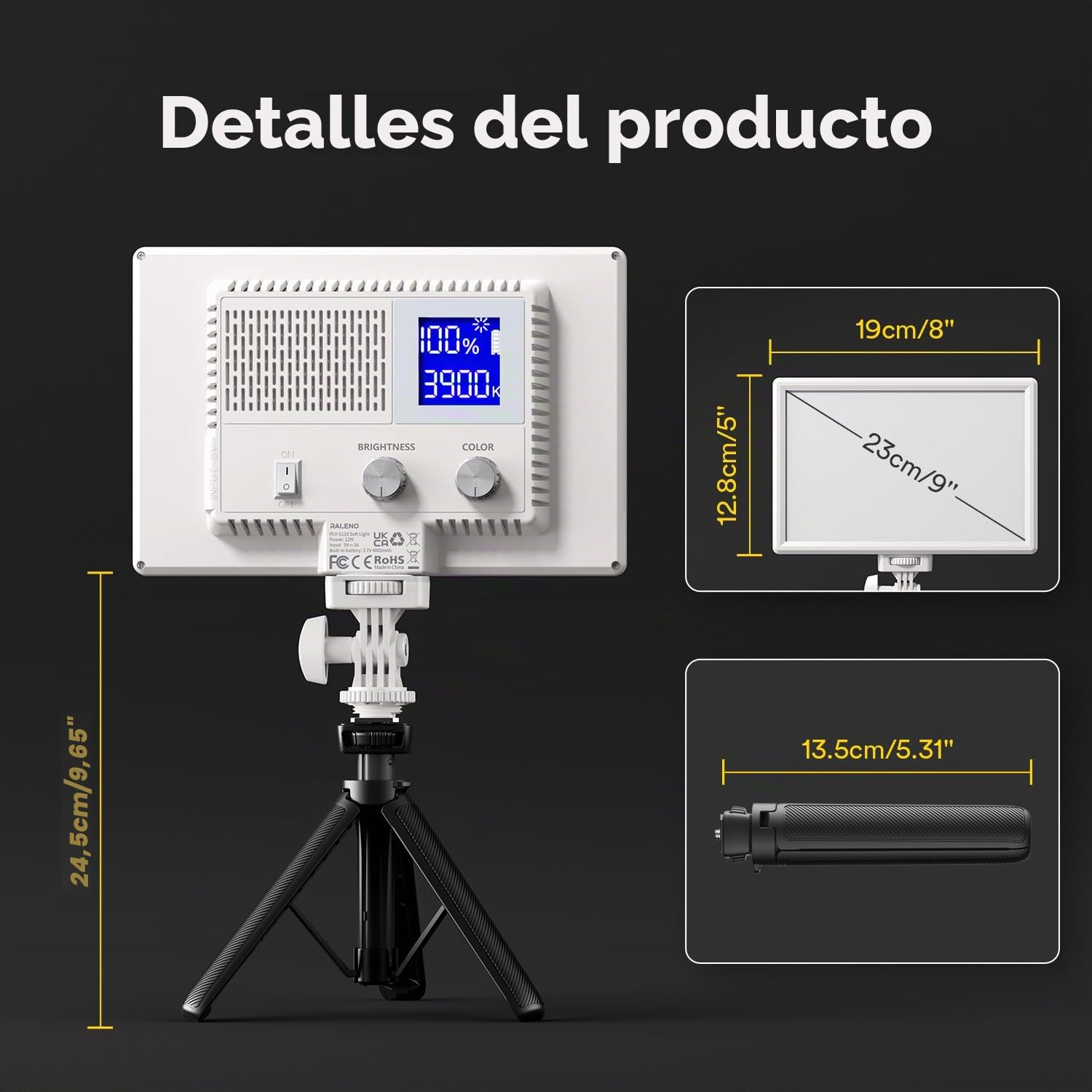 RALENO 116 LED Cámara de vídeo de 12 W 600 Lux con Mini trípode y batería incorporada de 4000 mAh CRI95+ 3200-5600K, luz de vídeo USB para Youtube, TikTok Zoom, fotografía, conferencias, transmisión