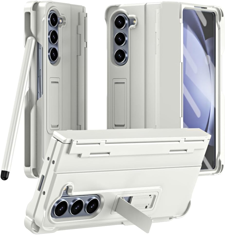Asuwish Phone Case for Samsung Galaxy Z Fold 3 5G 2021 with Built-in Screen Protector Cover and S Pen Holder Stand Kickstand Hinge Protection Rugged Cell ZFold3 Z3 Fold3 3Z ZFold35G Women Men White
