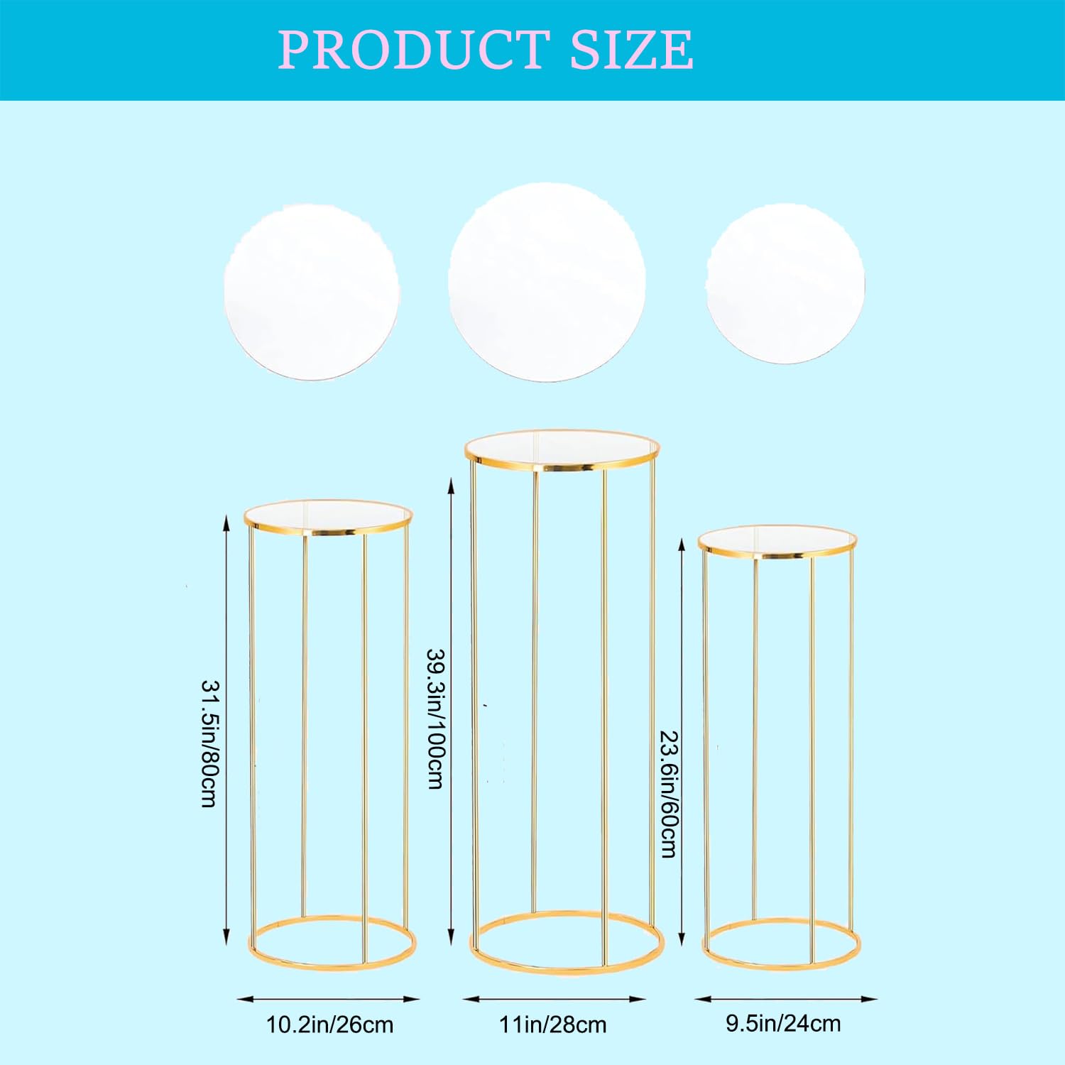 Lot de 3 supports cylindriques dorés pour fêtes, gâteaux ronds en métal, pour fête d'anniversaire, mariage, salon, terrasse