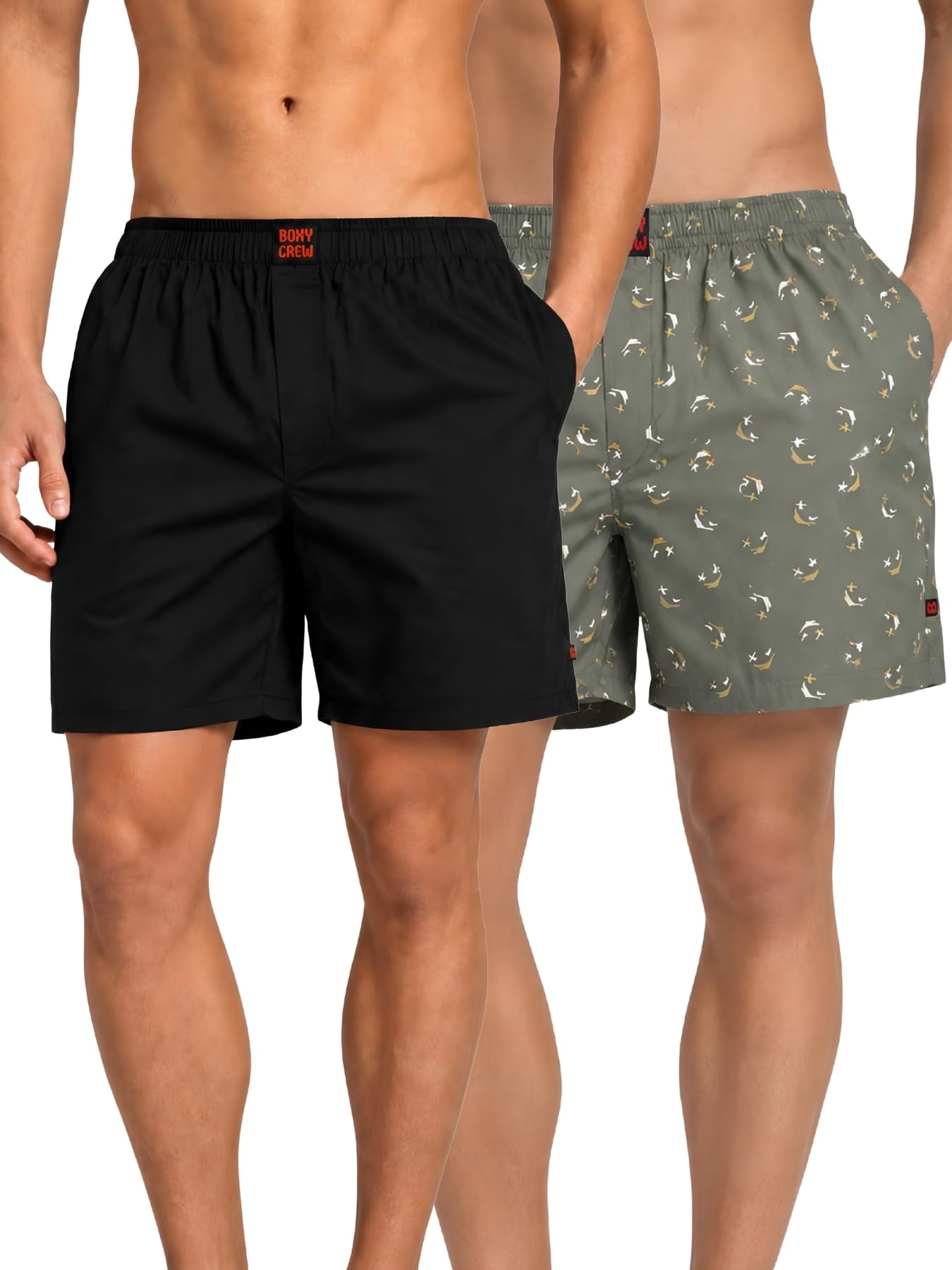 boxy crew Men Boxer Shorts Pack of 2, 100% Cotton Woven Boxers, Black & Green, Solid & Printed Designs, Dual Side Pockets, No-Marks Inner Elastic Waistband, Relaxed Fit Lounge & Sleep Shorts-picture-55