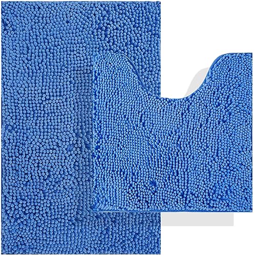 Image of BOANKODU Bathroom Rug Set, 2 Piece U Shape Bath Mat - Absorbent Chenille, Non-Slip, Machine Washable - 32x20 + 20x20 Inch (Snow Cyan)