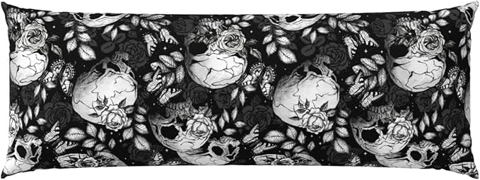 Black White Flower Sugar Skull Body Pillow Cover Pillowcase for Adults Women Men Long Body Pillow Case Cover with Zipper One Size