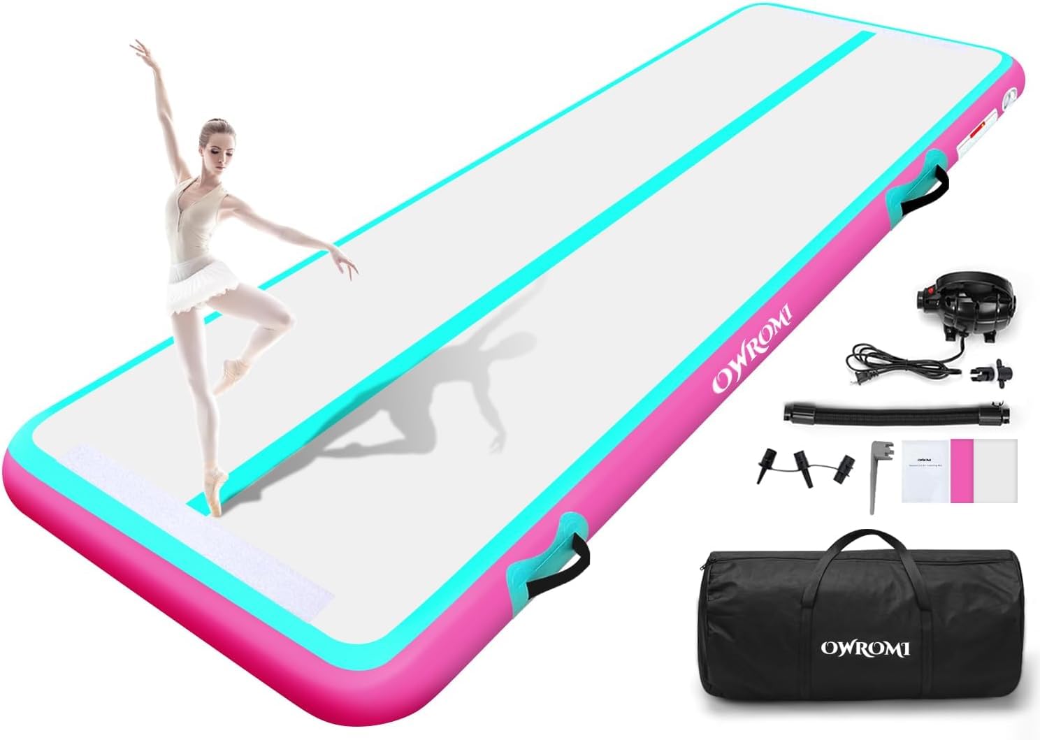 OWROMI Inflatable Tumble Track Gymnastic Mat 6.6ft 10ft 13ft 16ft 4/8 Inch Thickness Mats with Air Pump for GYM/Yoga/Dance/Water Fun