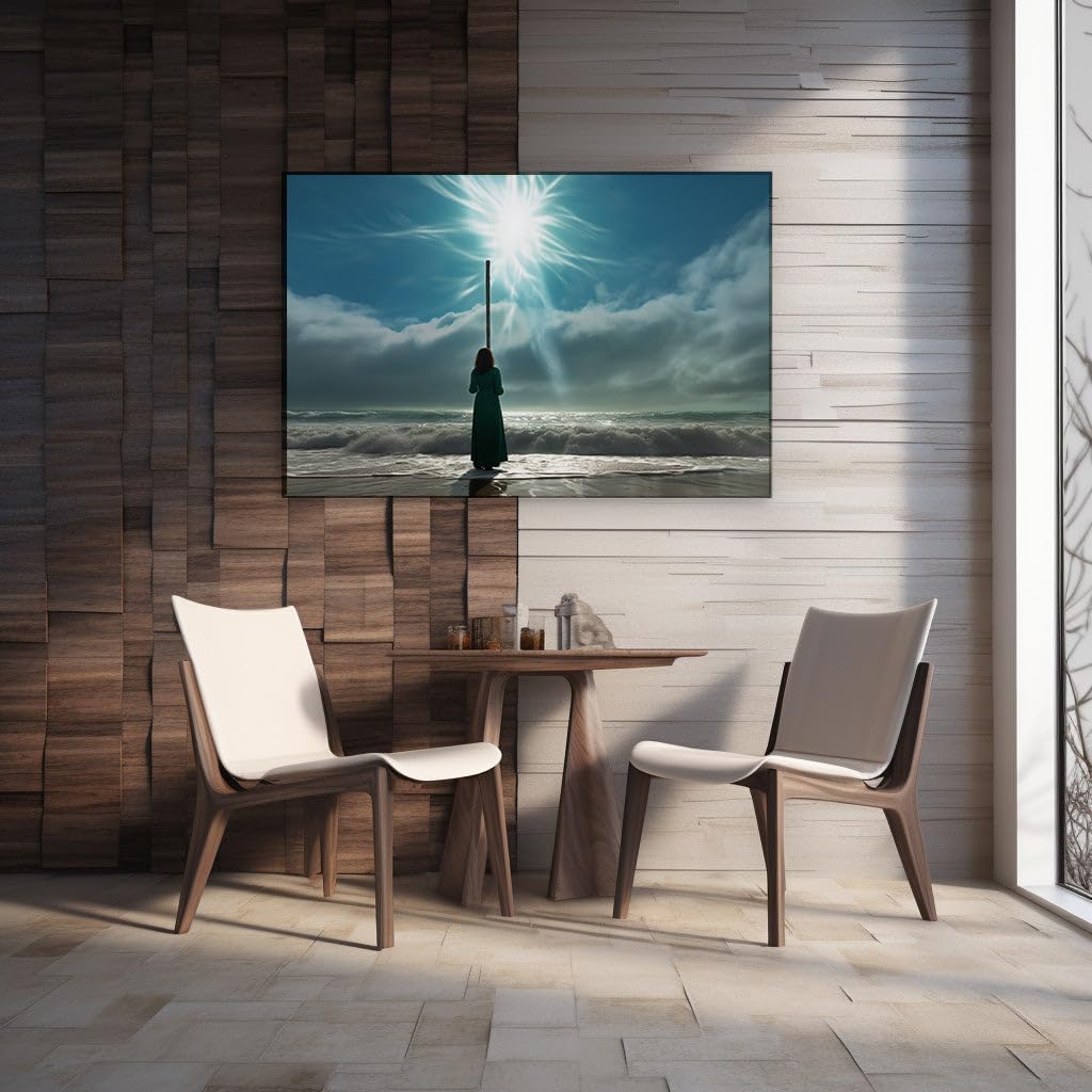 Canvas for Living room. Mystic Seashore Encounter - Embrace the Elements with the Lady in Green, 27 x 18 inch Canvas Wall Art - Modern Home Decor - 69x46 cm (27x18 inch)