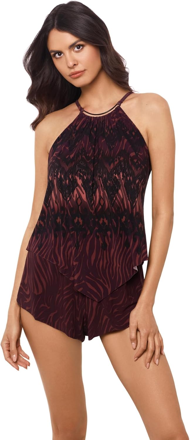 MagicSuit Women's Swimwear Goldie Underwire Romper One Piece Swimsuit, Brown/Multi, 08