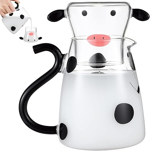 Zerodeko Jarra de té de vidrio de vaca de dibujos animados con taza, tetera floreciente, jarra de jugo frío de vaca, jarra de agua nocturna, jarra