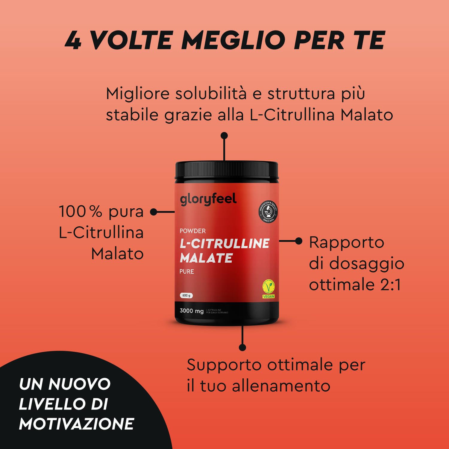 L-Citrullina Malato 2:1 in Polvere 600g - Amminoacido Pre Workout ad alto Dosaggio - 4800mg L citrulina malato - Ottima solubilità e massima Purezza - Testato in Laboratorio, vegano senza Additivi