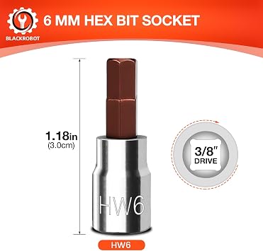 BLACKROBOT 6 mm Hex Bit Socket, 3/8 Inch Drive HW6 Allen Key Socket, Metric, Full Polished, S2 Steel Head Made For Repairing